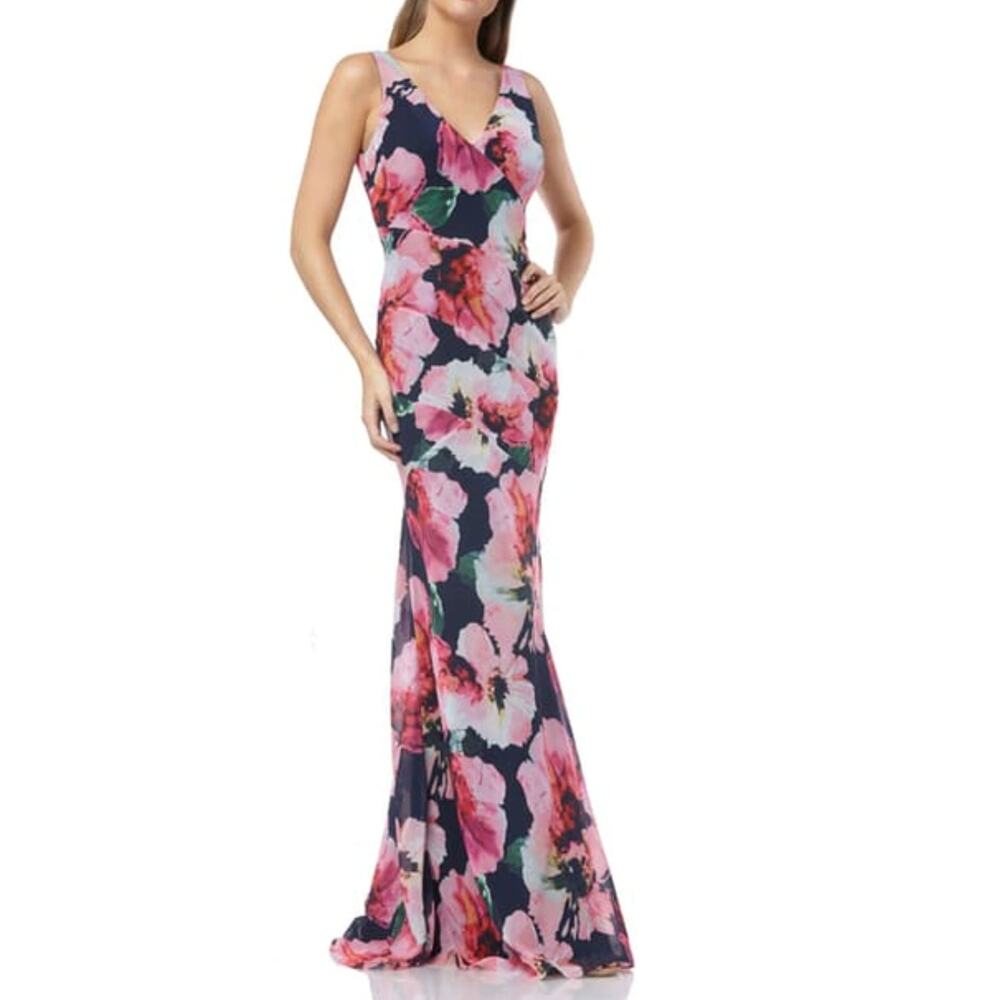 CARMEN MARC VALVO INFUSION Floral Chiffon Mermaid Gown In Navy/ Fuchsia